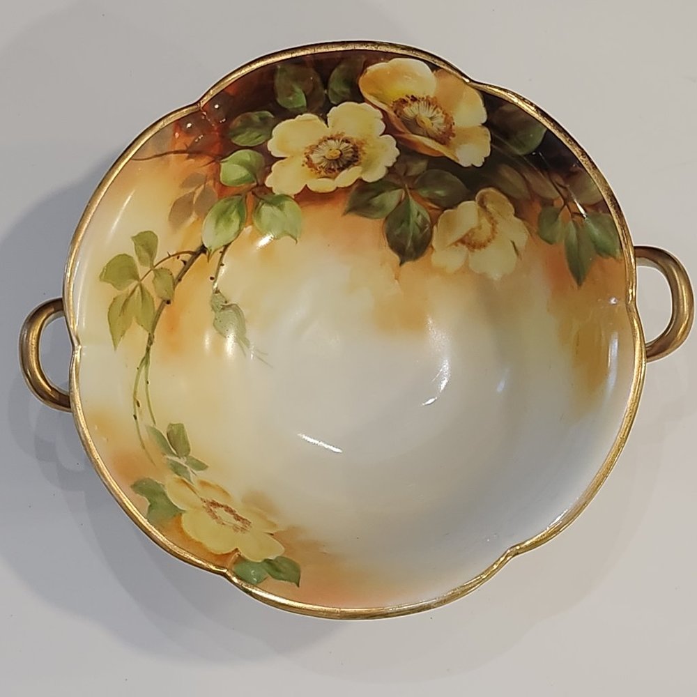 Gorgeous Hand Painted  Nippon Two Handled Bowl Yellow Roses